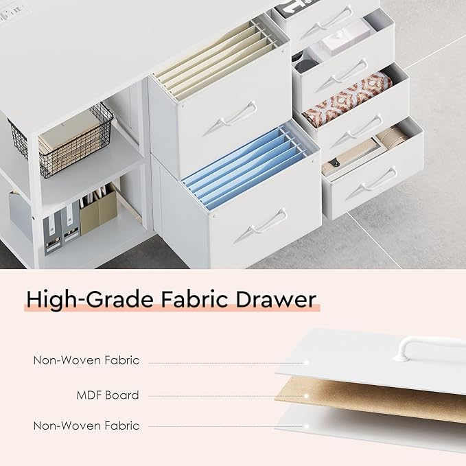 Maihail 6 Drawer File Cabinet with Charging Station Rolling Printer Stand with Open Storage Shelf Fabric Lateral Filing Cabinet for Home Office,White