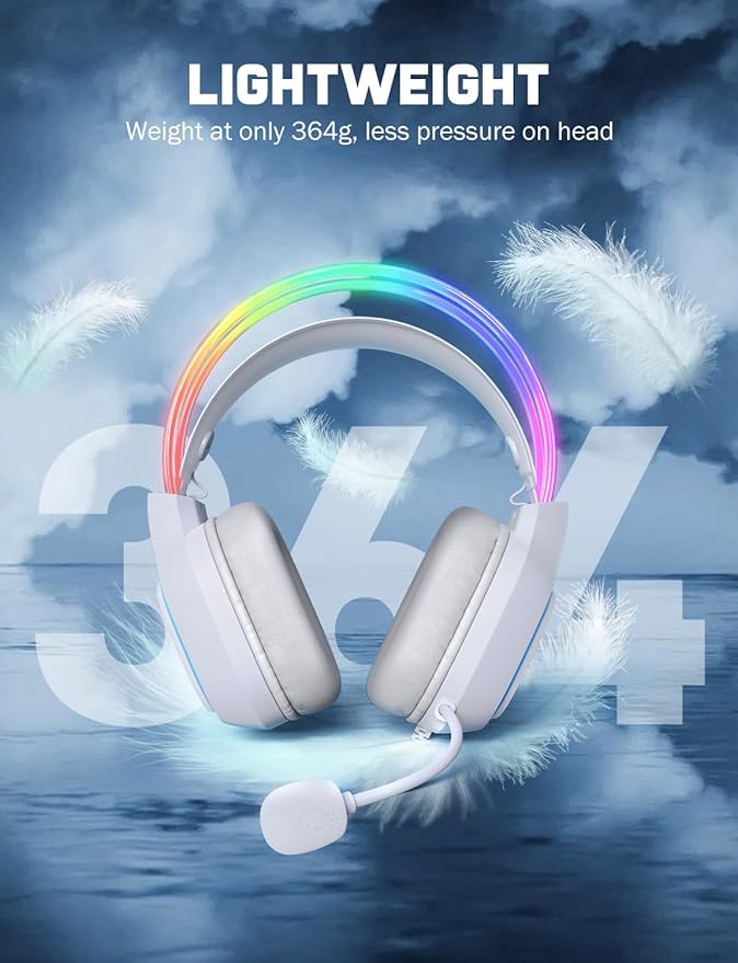 Gaming Headset with Microphone, RGB Lights, Detachable Cat Ear, Lightweight Over-Ear Headphones with Adjustable Headband for PC, PS4, PS5, Mac, Switch, Surround Sound, in-Line Control, White