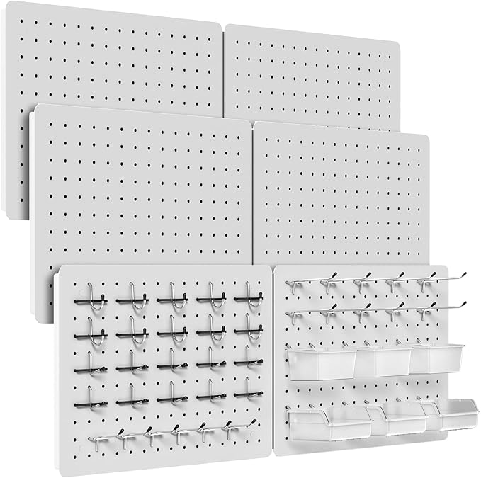Peg Board for Tools, 6 Pack Metal Pegboard Wall Organizer with Hooks,16"×12" White Pegboard Panels for Walls Home, Garage Tool Storage, Kitchen, Office Organization, Craft Room