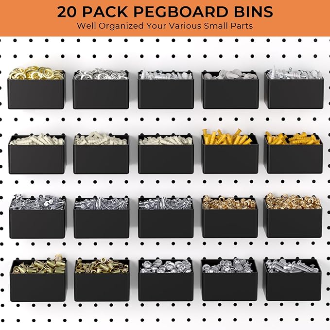INCLY 320PCS Pegboard Accessories Organizer Kit, Peg Board Hooks Assortment with 20PCS Bins for Organizing Various Tools, Fit 1/8 or 1/4 inch Pegboard for Hanging Storage, Garage Wall Attachments