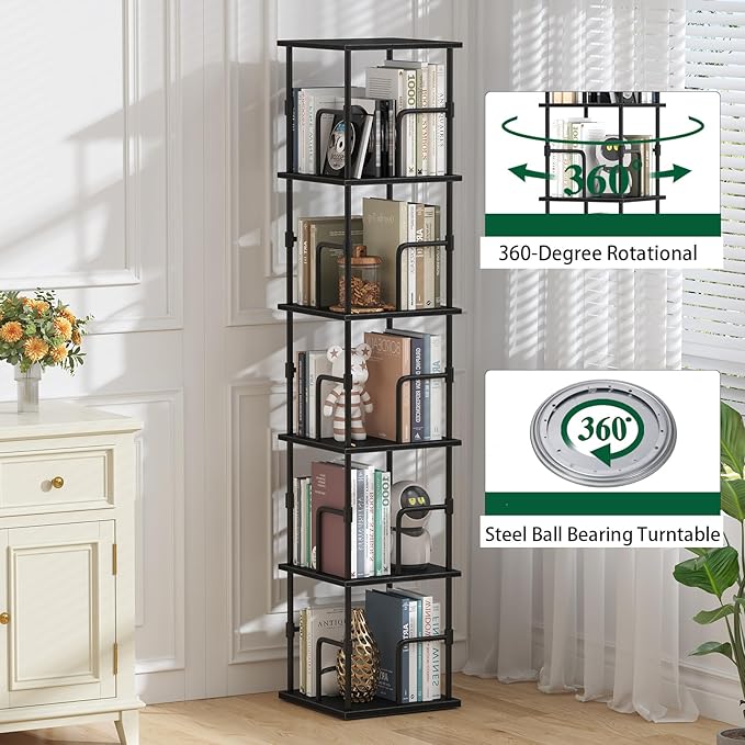5-Tier Rotating Bookshelf, Freestanding Corner Bookshelf Industrial Style Storage Rack with Rails, for Living Room, Bedroom,