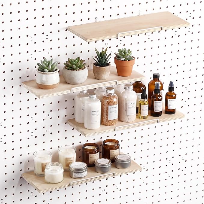 Wonderjune 4 Pcs Wooden Pegboard Shelves with Metal Pegboard Shelf Brackets Peg Board Display Storage Tray Wall Organizer Peg Board Accessories for Craft Room Home Kitchen (Brown,13.78 x 5 Inch)