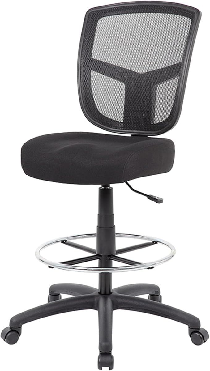 Benzara MEA Drafting Stool Chair, Adjustable Height, Black Mesh, Chrome Footring