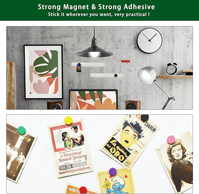 Magnetic Board Strip Frameless Stainless Steel Iron Strips with Adhesive Backing, 2PCS Magnetic Bulletin Bar Memo Board with 10PCS Colorful Magnets for School, Office, Home, Refrigerator & Wall