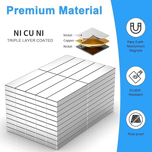 100 Pack 20x5x2 mm Rare Earth Neodymium Magnets, Powerful Small Strong Metal Rectangular Bar Magnetic Strip Magnet for Fridge Garage Kitchen Science Craft Office, Silver