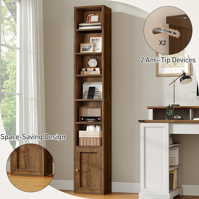 RALGEND 7-Tier Tall Narrow Bookshelf with Door Set of 3, 70.9 Inches CD DVD Slim Media Tower Rack with Storage Cabinet, Adjustable Shelves, Skinny Bookshelf Display Bookcase for Home Office, Walnut