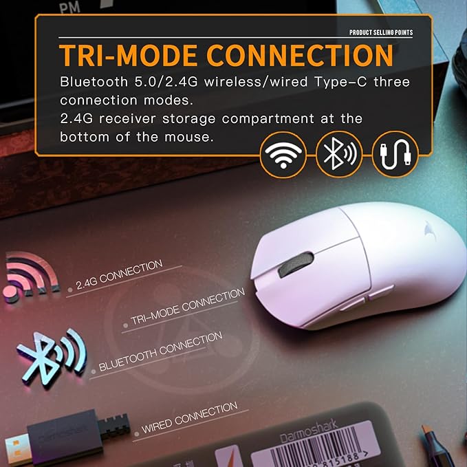 Darmoshark M3 Pro Wireless Gaming Mouse,Tri-Mode 2.4G/USB-C/Bluetooth Mouse Up to 26KDPI,PAW3395 Optical Sensor Lightweight 55g,8 programmable Button 500MAh Battery Life,Computer Mouse for Laptop(W)