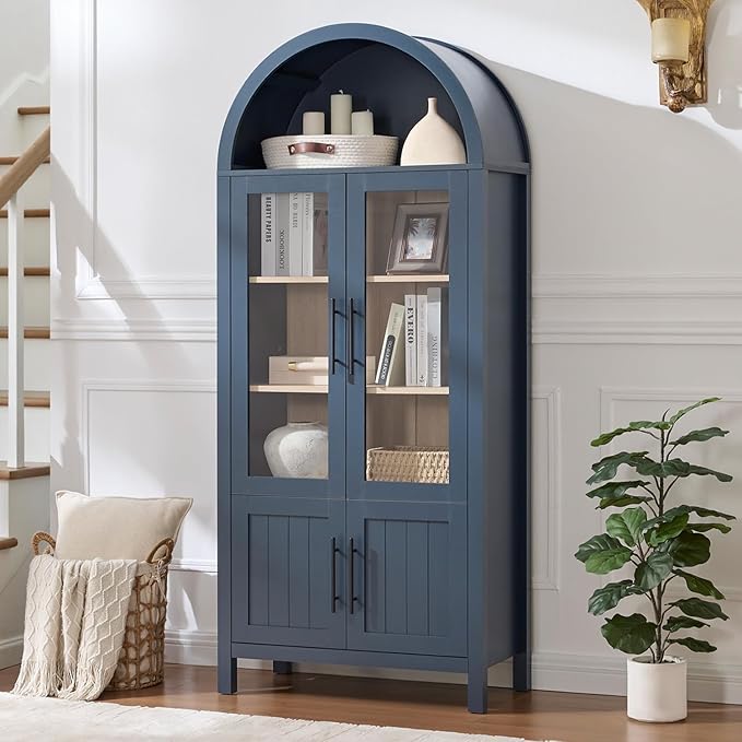 71" Tall Arched Display Cabinet, 5-Tier Bookshelf Modern Farmhouse Arched Bookcase with Glass Doors and Shelves, Wooden Pantry Storage Cabinet for Living Room, Office and Kitchen, Blue
