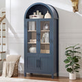 71" Tall Arched Display Cabinet, 5-Tier Bookshelf Modern Farmhouse Arched Bookcase with Glass Doors and Shelves, Wooden Pantry Storage Cabinet for Living Room, Office and Kitchen, Blue