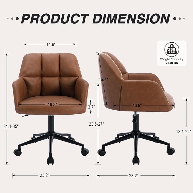 Modern PU Leather Office Chair Set of 2, Height Adjustable Comfy Desk Chair with Wheels, 18.3” Wide Swivel Armchair for Living Room Home Office Computer, Brown