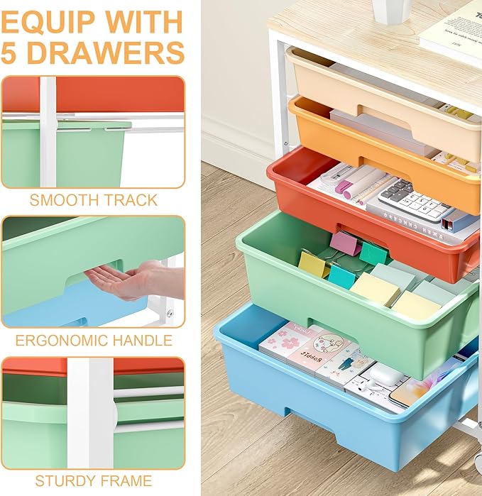 SYKIARIOL Utility Cart with 5 Drawers,Storage Cart with Wooden Tabletop and Lockable Wheels,Craft Storage Trolley Organizer,5-Tier Rolling Utility on Wheels,Macaron