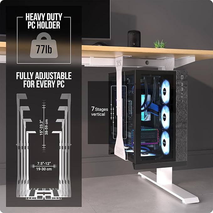 Heavy Duty Under Desk PC Holder – Up to 77 lbs Load Capacity - Adjustable Computer Tower Holder - Under Desk Computer Mount (White)