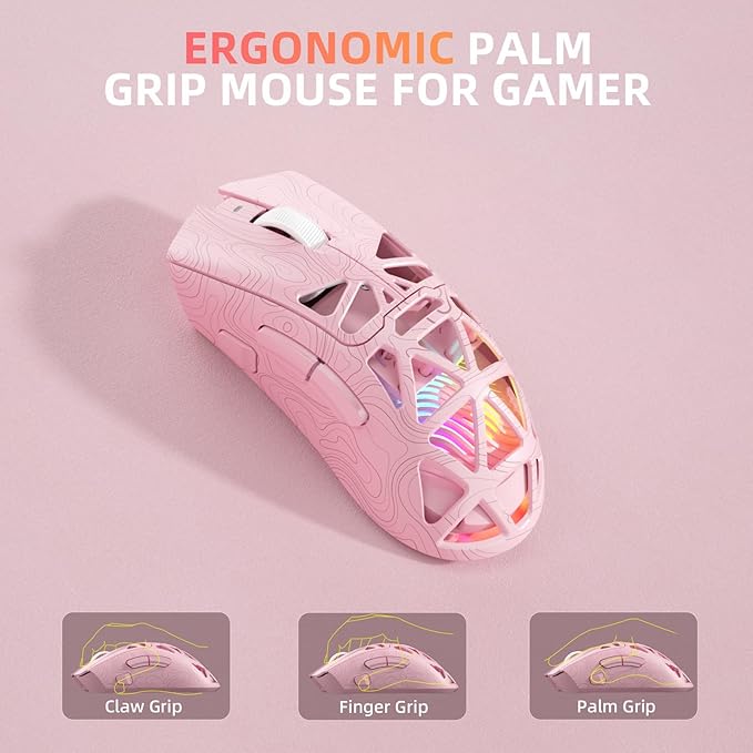 Aula SC620 Wireless Gaming Mouse, Tri-Mode 2.4GHz/USB-C/BT5.3 Computer Mouse with 12000 DPI, Programmable Macro Gamer Mouse with Rapid Fire Key, RGB Light Gaming Mice for PC/Laptop/Mac (Line Pink)