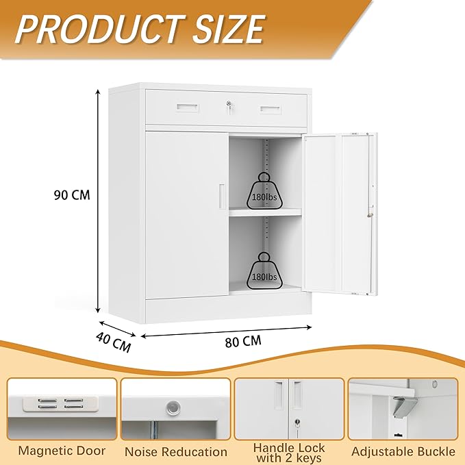 Metal Storage Cabinet with 1 Drawer, 36" H Locking Storage Cabinet, Metal Cabinets with Doors and Shelves for Home, School, Office, Garage, White