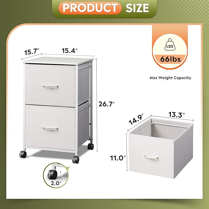 DEVAISE 2 Drawer Mobile File Cabinet, Rolling Printer Stand with Open Storage Shelf, Fabric Vertical Filing Cabinet fits A4 or Letter Size for Home Office, White