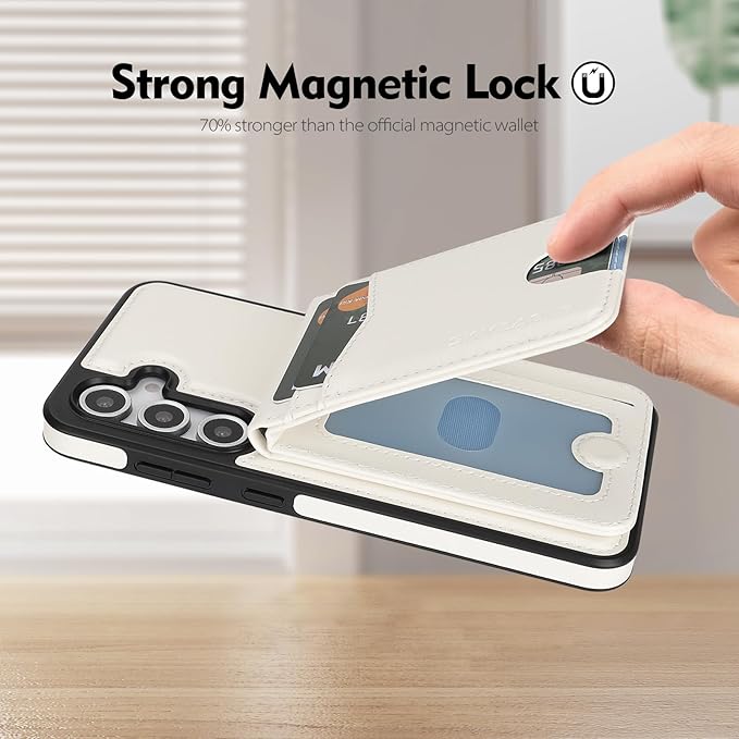 SkyEagle Compatible with Magsafe 2 in 1 Detachable Samsung Galaxy S25 Plus Wallet Case with Card Holder,Women Men Magnetic PU Leather RFID Blocking Flip Folio Kickstand Credit Slots,White