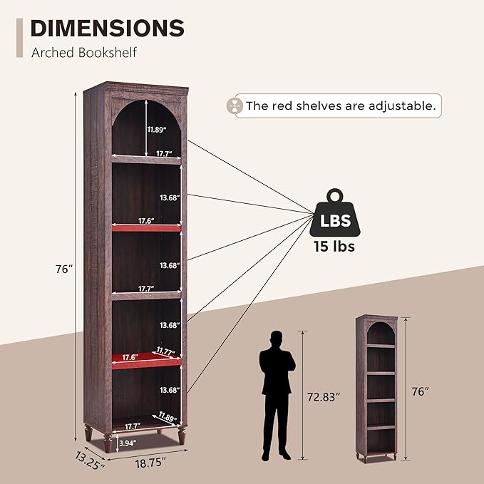 IFGET 76" Tall Arched Bookcase, Farmhouse 5 Tiers Narrow Arched Bookshelf Cabinet with Adjustable Shelves, Modern Wooden Book Shelf w/Storage and Open Display Shelves for Living Room, Office-Brown