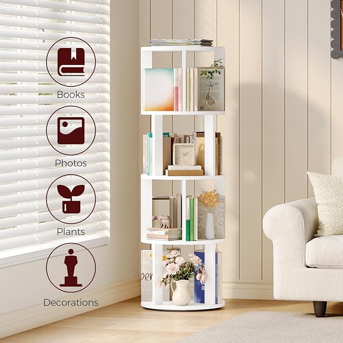MAHANCRIS 4-Tier Rotating Bookshelf, 360° Spinning Bookshelf Tower, Floor Standing Round Revolving Bookcase, Display Rack for Books, CDs, for Living Room, Study, Bedroom, White BKWT6401