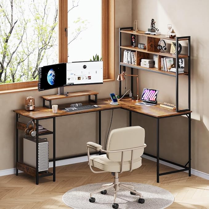 DEVAISE L Shaped Gaming Desk with Hutch, Reversible Computer Desk with LED Light, 3-Tier Shelves, 2 AC+2 USB Outlet and Monitor Stand, Corner Desk with Storage for Home Office (Rustic Brown, 66 Inch)