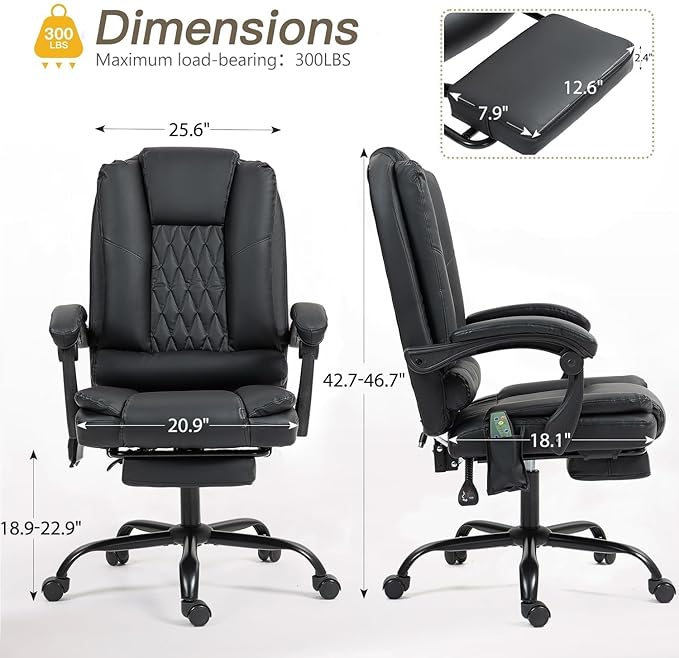 6-Point Heated Massage Office Chair with Footrest, Ergonomic Home Desk Chair with Lumbar Support, Executive High Back PU Leather Computer Chair with Armrest & Reclining, Black