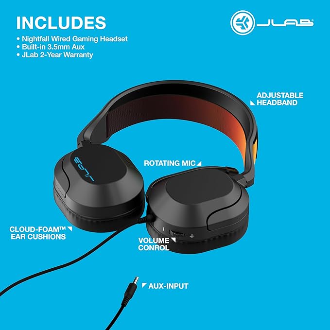 JLab Nightfall Gaming Headset with Near-Field Directional Flip-to-Mute Rotating Boom Mic, 50mm Drivers and Sound Isolating Inner Shelf, Wired 3.5mm for PC, PS5, PS4, Xbox Series X/S, Xbox one, Switch