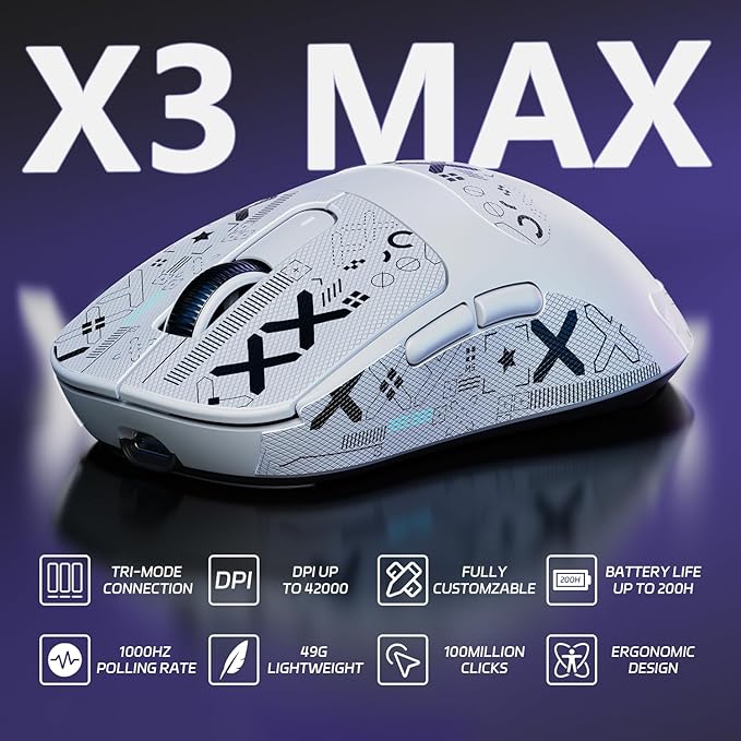 ATTACK SHARK X3MAX Wireless Gaming Mouse,PixArt PAW3950 Gaming Sensor,Up to 42K DPI,100 Million Micro,49g Lightweight Tri-Mode(BT5.2/2.4Ghz/Wired) Mice with Coiled Cable-White&Tape