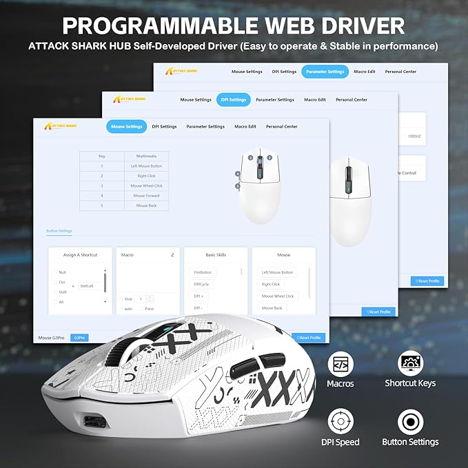 ATTACK SHARK G3PRO Wireless Gaming Mouse with RGB Charging Dock,2.4G/USB-C Wired/BT PAW3311 Optical Sensor 1K Polling Rate Adjustable 25K DPI,500mAh Battery Ultra Lightweight 59g Mice (White&Griptape)