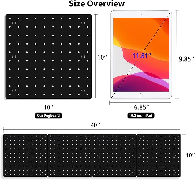 4Pcs Peg Board, Black Pegboard Wall Organizer Panels Wall Mount, ABS Pegboard for Craft Room Garage Kitchen Workshop, ABS Peg Boards Easy Installation