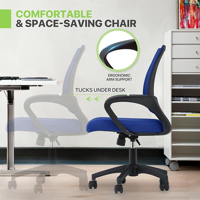 Magshion Office Chair, Ergonomic Mid-Back Mesh Desk Chair, Rolling Computer Chair with Lumbar Support & Comfy Armrests for for Gaming, Work, Study, 300 Lbs Capacity, Navy Blue
