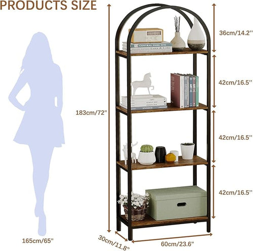 Bookshelf Arched Bookcase, Industrial 4-Tier Open Book Shelves with Metal Frame, 72" Tall Freestanding Storage Display Rack for Home Office, Living Room (Rustic Brown, 4 Tier Arched)