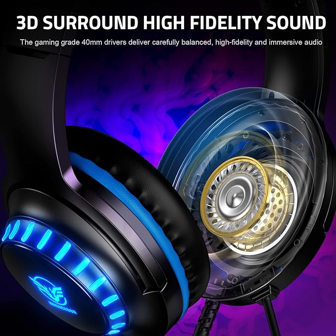 Pacrate Gaming Headset for PS5/PS4/Xbox One/Nintendo Switch/PC/Mac, PS5 Headset with Microphone Xbox Headset with LED Lights, Noise Cancelling PS4 Headset for Kids Adults - Blue