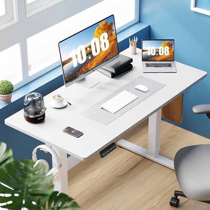 Sweetcrispy Electric Standing Desk Adjustable Height, 40x24 Inch Sit Stand Up Home Office Desks Computer Workstation PC Work Table with 3 Memory Preset Splice Wood Board Metal Frame, White