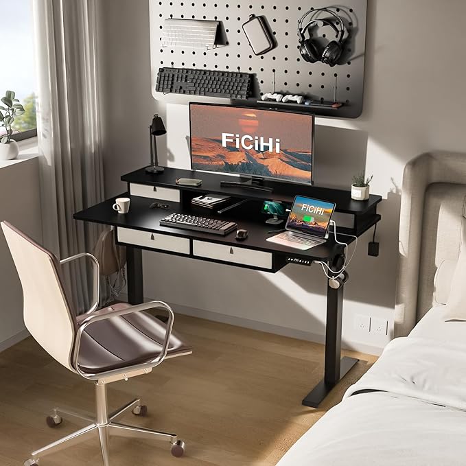 FiCiHi Adjustable Height Standing Desk with 4 Drawers,48 x 30 inches Electric Sit Stand Home Office Desk with Two Tiers, 3 Memory Presets, Monitor Stand Riser, USB A/C Charging Port