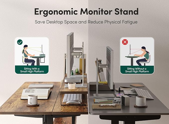 CubiCubi 55" Electric Standing Desk with Under Desk Shelves, Sit Stand Rising Computer Desk with Monitor Shelf, Home Office Desks with Hooks, Adjustable Height Stand Up Workstation Table, Rustic Brown