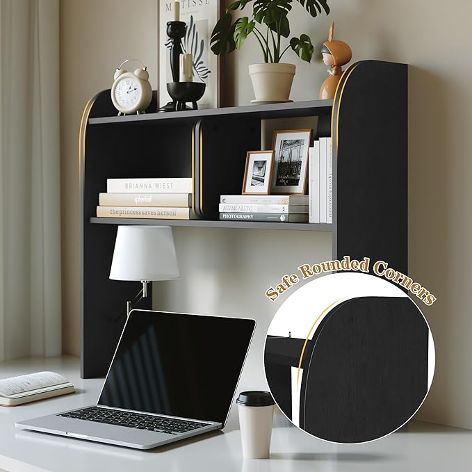 Wooden Desktop Bookshelf,37”3-Tier Rounded-Edge Desk,Storage Organizer,Space-Saving Countertop Shelf for Office Dorm Home,Black