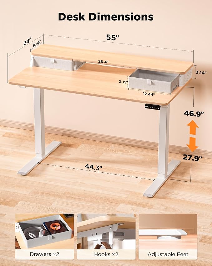 FiCiHi 55x24 Inch Standing Desk with Drawers, C-Clamp Mount Compatible, Electric Adjustable Height Computer Stand Up Desks, Home Office Sit Stand Table with 3 Preset Heights, Maple