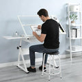 Adjustable Tempered Glass Drafting Table, 0-75° Tilting Art Desk with Multi-Storage Drawers & Trays, Height Adjustable 27.1"-35.8" Drawing Table with Chair, White
