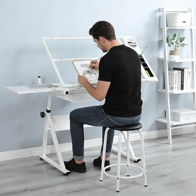 Adjustable Tempered Glass Drafting Table, 0-75° Tilting Art Desk with Multi-Storage Drawers & Trays, Height Adjustable 27.1"-35.8" Drawing Table with Chair, White