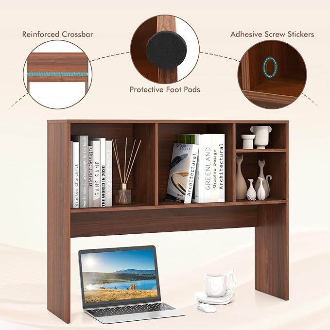 ReunionG Desk Hutch 2-Tier, Wood Hutch Top Only w/4 Shelves for Computer Monitor, Laptop, Dressing Table, Desk Organizer Display Rack Desktop Bookshelf for Home, Office, Dorm (Walnut)