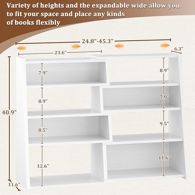 Armocity Expandable Bookshelf, Short Corner Bookshelf for Small Spaces, Small Ladder Book Shelf, Extendable Wood Narrow Bookcase for Living Room, Bedroom, 5 Tier, White