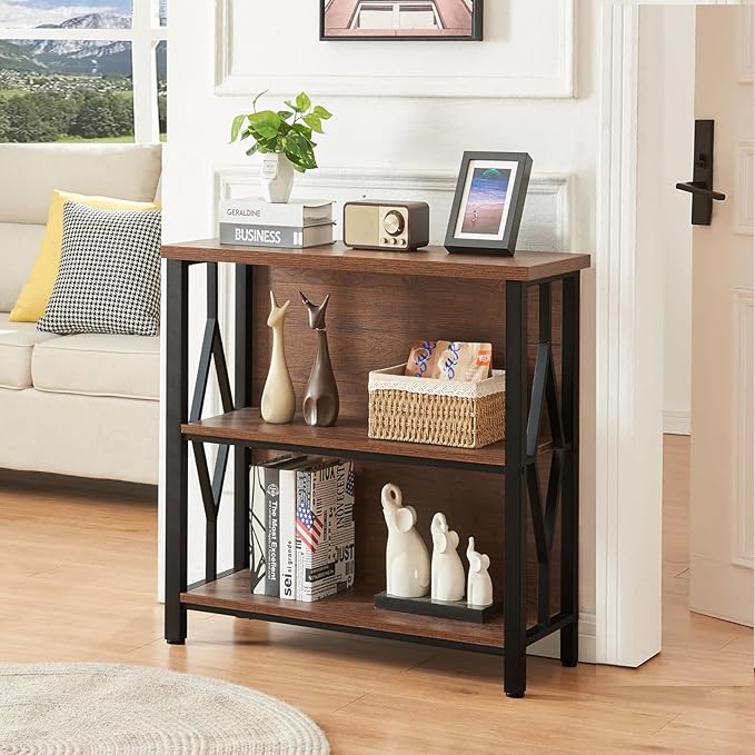 HOMISSUE Bookshelf, 3-Tier Rustic Small Bookcase, Industrial Shelf Bookshelf with Engineered Wood Shelves, Low Bookcase with Storage, Small Shelf for Living Room, Bedroom and Office, Rustic Brown