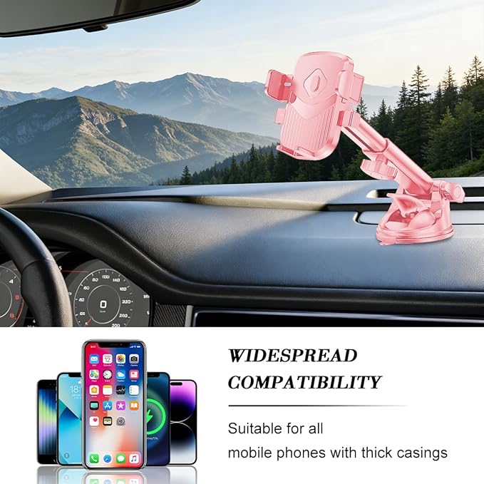 Car Phone Holder, 360° Adjustable Strongest Suction Vehicle Windshield Dashboard Air Vent Cell Phone Mounts, Hands Free Automotive Interior Smartphone Stand, Universal Fit (Pink)