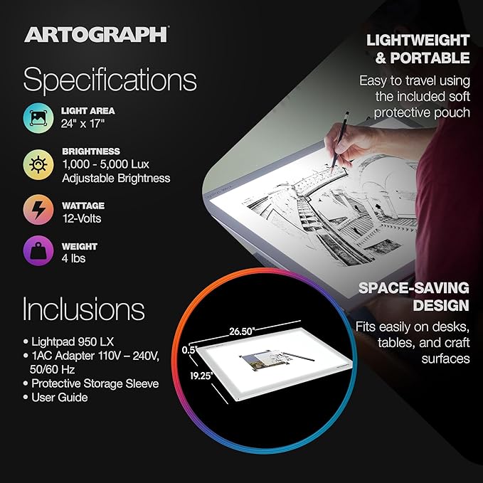 Artograph LightPad 950 LX Thin Dimmable 24x17 Inch Artist Light Box with UV Free LED Light for Tracing, Drawing, and Patterns, Silver