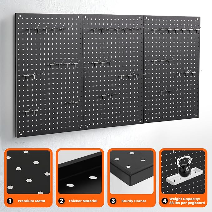 ENJOYWOOD Pegboard, 3 PCS 24"×16" Metal Peg Board Panels Black Modular Wall Organizer Kit with 30 Hooks, Dual-Size Hole Design for Home Tool Storage, Garage Organization, Kitchen, Office, Craft Room