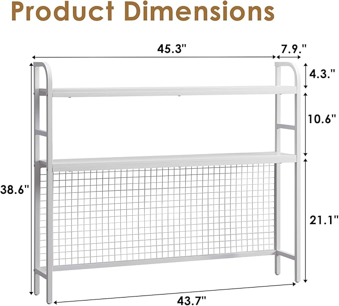 Desktop Hutch Shelf Organizer, 2-Tier Metal & MDF Desk Bookshelf with Grid Panel and Hooks for Office & Dorm (White, 45.3")