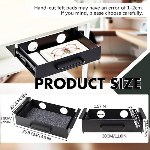 2 Pack Under Desk Slide out Drawer Storage Shelf, Carbon Steel Tray with Mute Felt Sheets, Pull out Organizer for Office Home Workstation Gaming Stand Desk, not easy to break,13×8×2.8 In(Black)