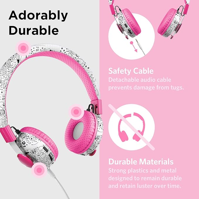 LilGadgets Kids Headphones for School - Ages 4+, Far Out Doodles On-Ear Untangled Pro - Bluetooth Kids Headphones & Wired with Microphone & SharePort Audio Sharing - Volume-Limited 93 dB