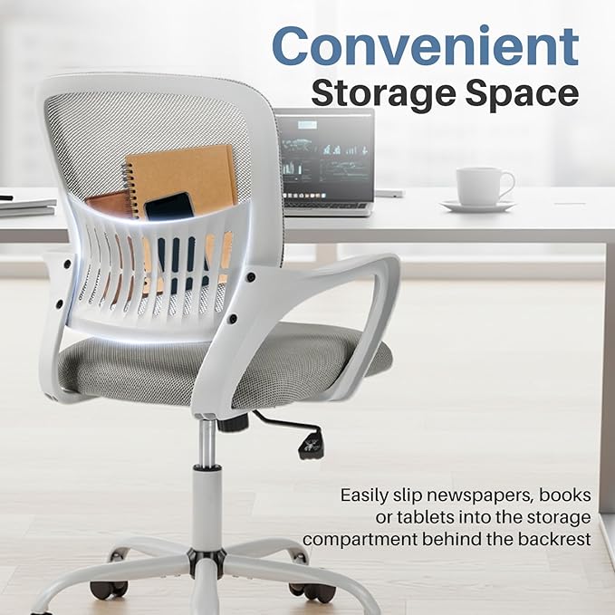 DUMOS Home Office Computer Chair - Ergonomic Mid Back Desk with Lumbar Support and Rocking Mode, Height Adjustable with Fixed Armrest, for Conference Meeting Room, 360° Swivel, Adults, Grey