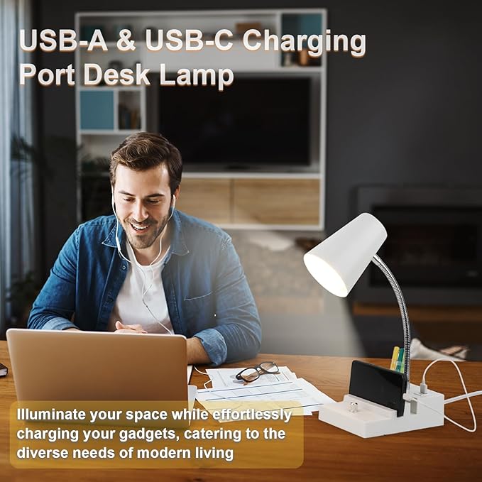 LALISU Study Desk Lamp with USB Charging and Type-C Night Light, Gooseneck LED Table Lamp Stepless Dimming Study Table Lamp with Pen Holder for College Dorm Bedroom and Office (White)