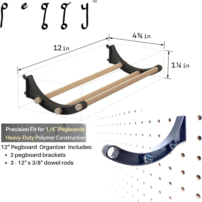 PEGGY Pegboard Accessory Hook and Dowel Organizer Storage for Tape, Steel Wire Spools, Ribbon, Crafts, Hobby, 12” kit (3PK Black)